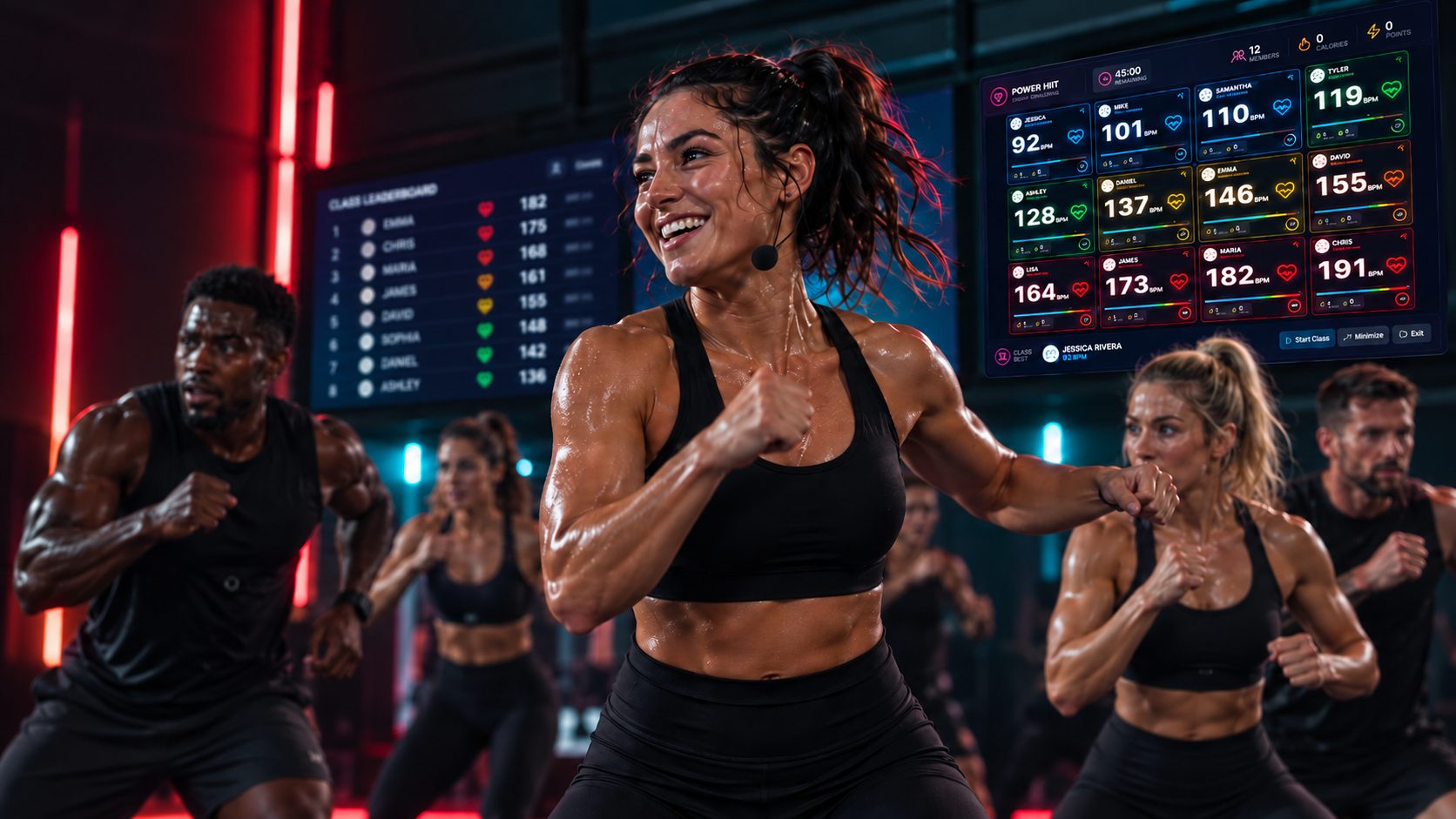 Members training together in a heart-rate-enabled fitness studio